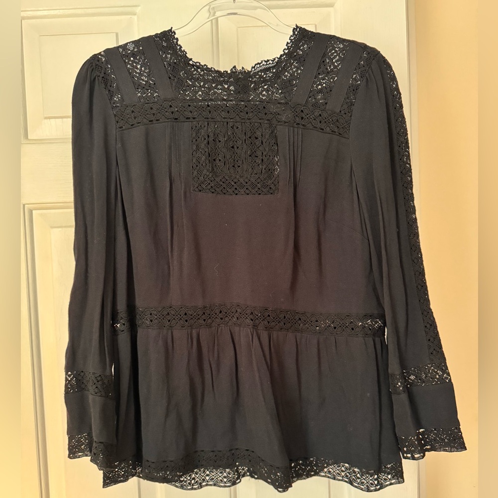NWT J. Crew Point Sur Black Peplum Top with Crochet Lace Detail, Size 10